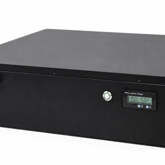 Black e-bike battery pack with digital display and mounting bracket.