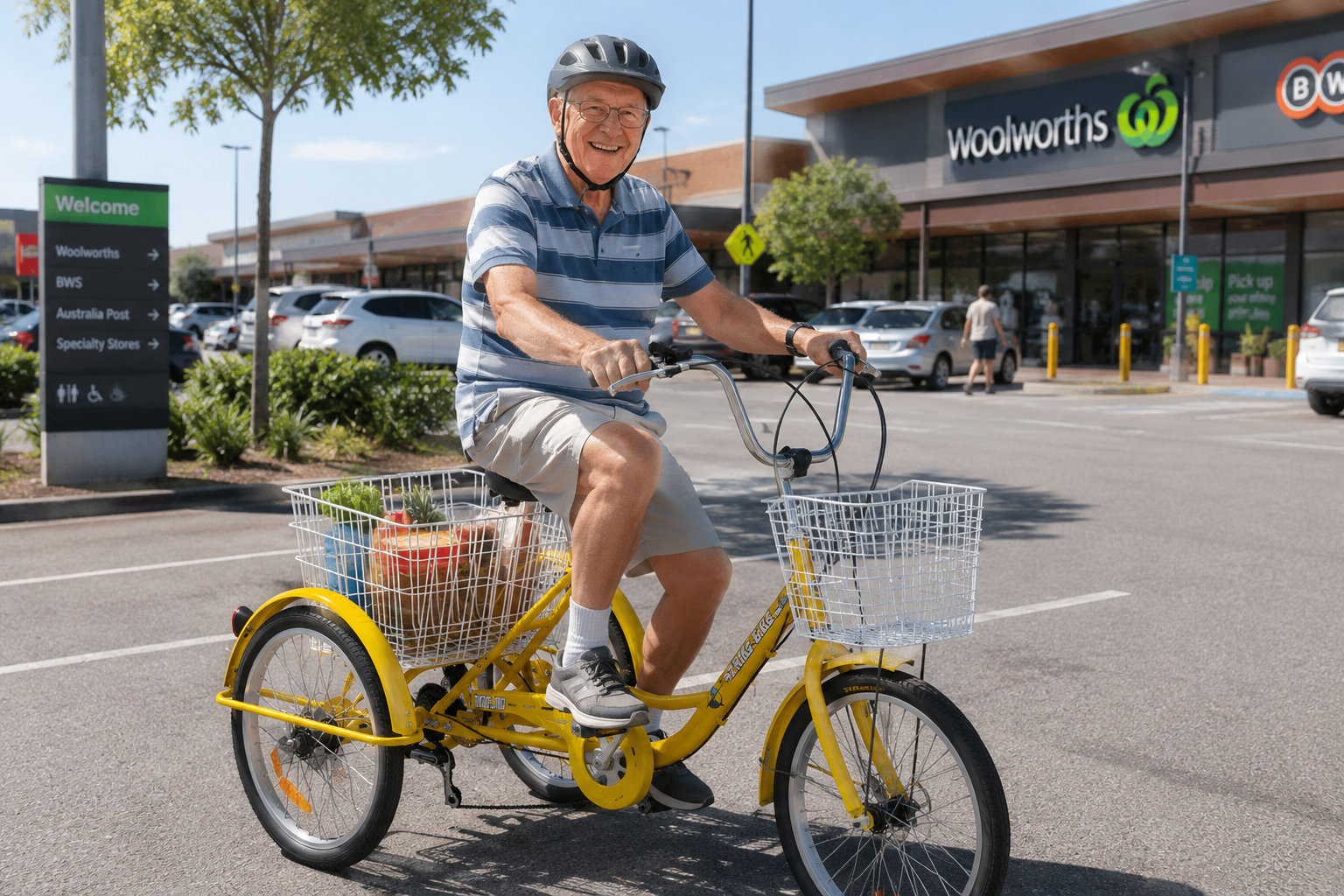 Enjoying a ride on a yellow adult tricycle outside Woolworths supermarket in Australia.