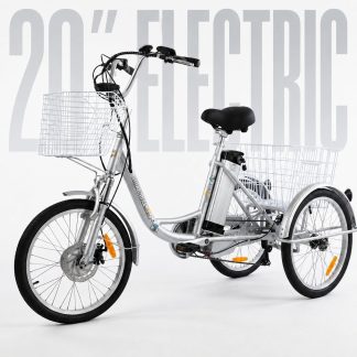 Silver adult electric tricycle with 20-inch wheels, front and rear baskets. Featuring disc brakes and a comfortable seat, ideal for seniors and daily Australian commuting.