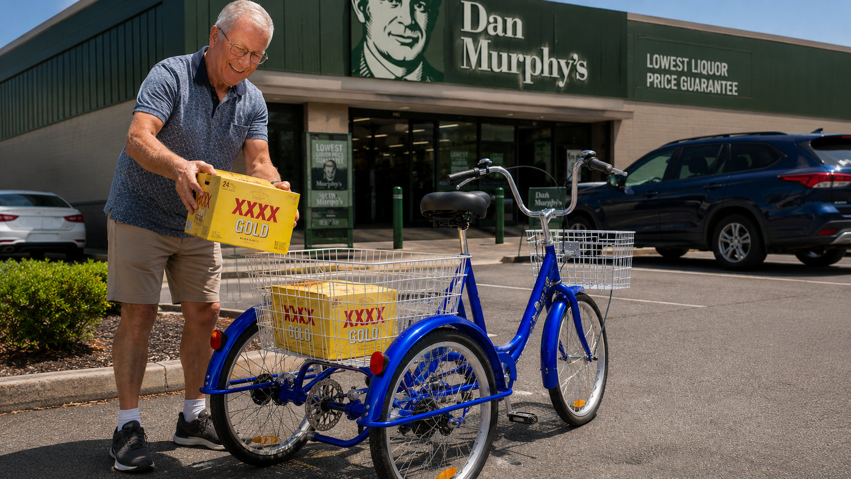 Man using blue adult tricycle with large basket for shopping at Dan Murphy's. The tricycle features a sturdy design for comfortable riding.
