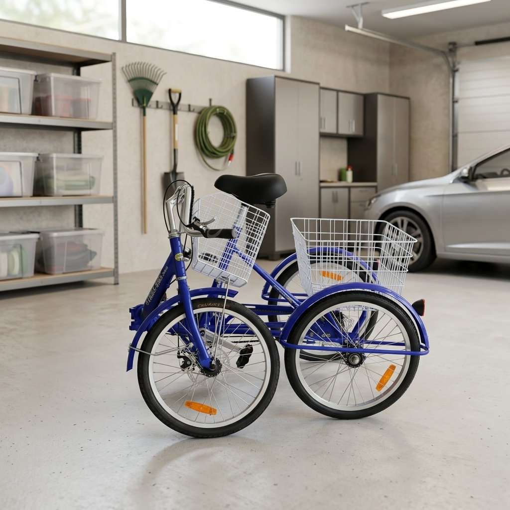 A blue adult tricycle with a white basket, suitable for seniors and disability mobility. Perfect for riding in Australian environments.