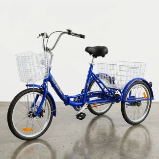 A blue adult tricycle with large front and rear baskets, perfect for cargo and daily commute. The tricycle features a comfortable seating and sturdy frame.