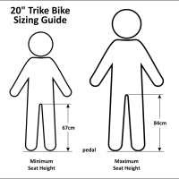 Trike Bike Sizing Guide for Adults Australia A diagram showing the sizing guide for a 20 inch trike bike, including minimum and maximum seat height measurements.