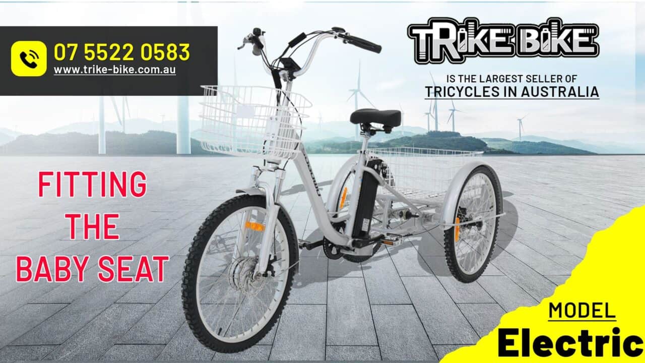 An electric tricycle in silver, designed for adult use with a baby seat fitted, perfect for family rides.