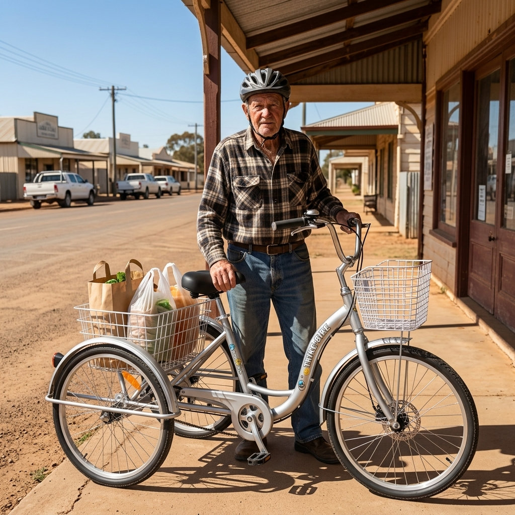 Silver Adult Tricycle with Basket on Sidewalk Australia An adult tricycle with a large basket on the back, perfect for seniors and disability mobility. The tricycle is silver in color.