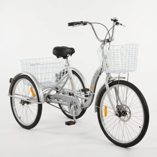 A silver adult tricycle with white baskets and black seat.