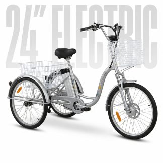 Silver adult electric tricycle with 24-inch wheels, dual wire baskets, and disc brakes. Suitable for seniors and cargo transport.