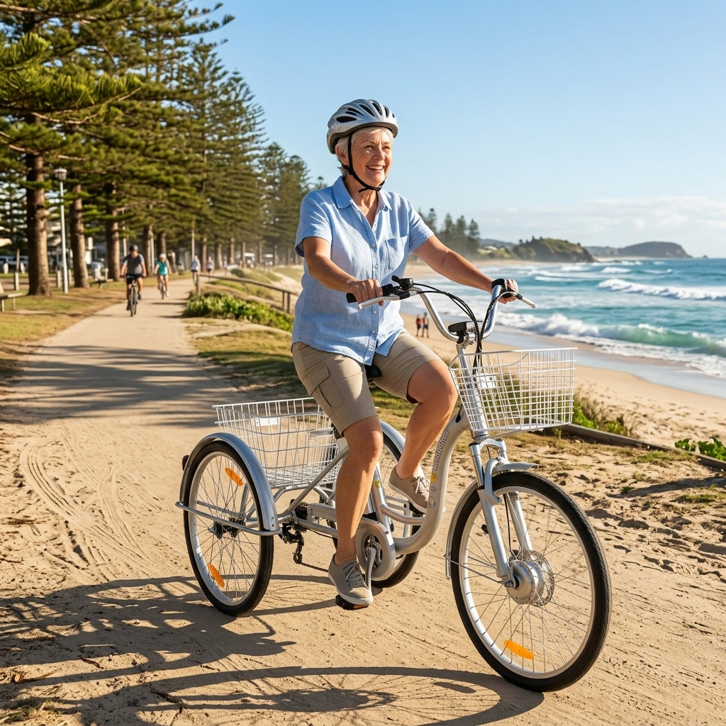 A senior riding a silver adult tricycle on a beachside path. The tricycle features a large basket for cargo.