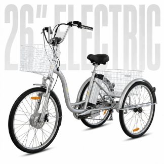 Full view of a silver 26-inch electric adult tricycle with front and rear wire baskets. Close-up details show the front hub motor wheel, step-through frame, and rear dual-wheel stability setup.