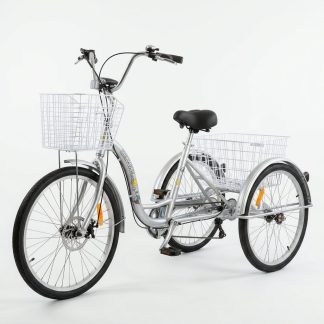 A silver adult tricycle with two large wire baskets, one at the front and one at the rear, ideal for cargo and shopping. Perfect for seniors and those seeking disability mobility solutions.