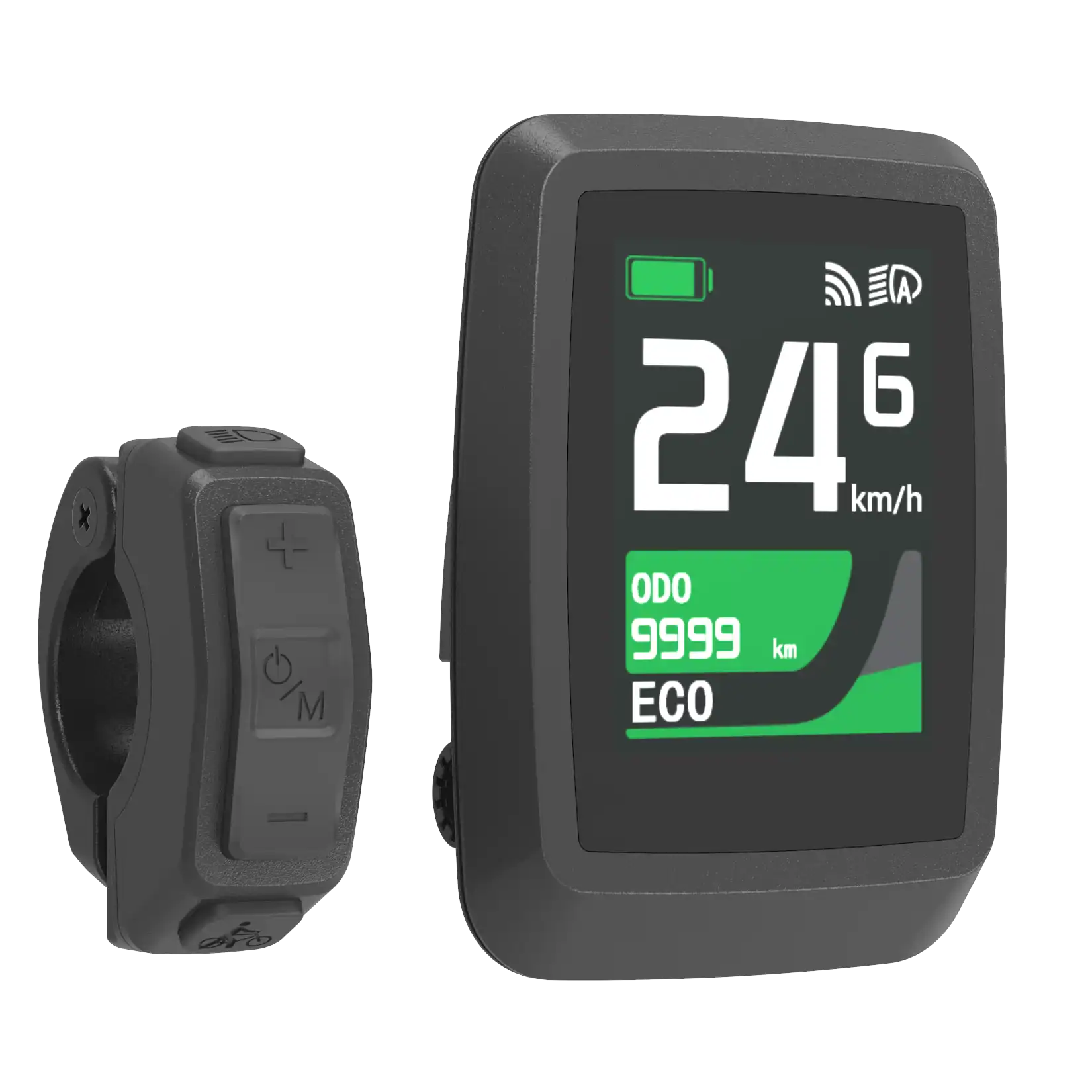 A display and control unit for an electric tricycle, showing speed and battery level. The unit features a green and black screen with white text.