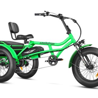 Green electric tricycle with 24 inch wheels and folding frame for adult riders. Perfect for seniors and disability mobility.