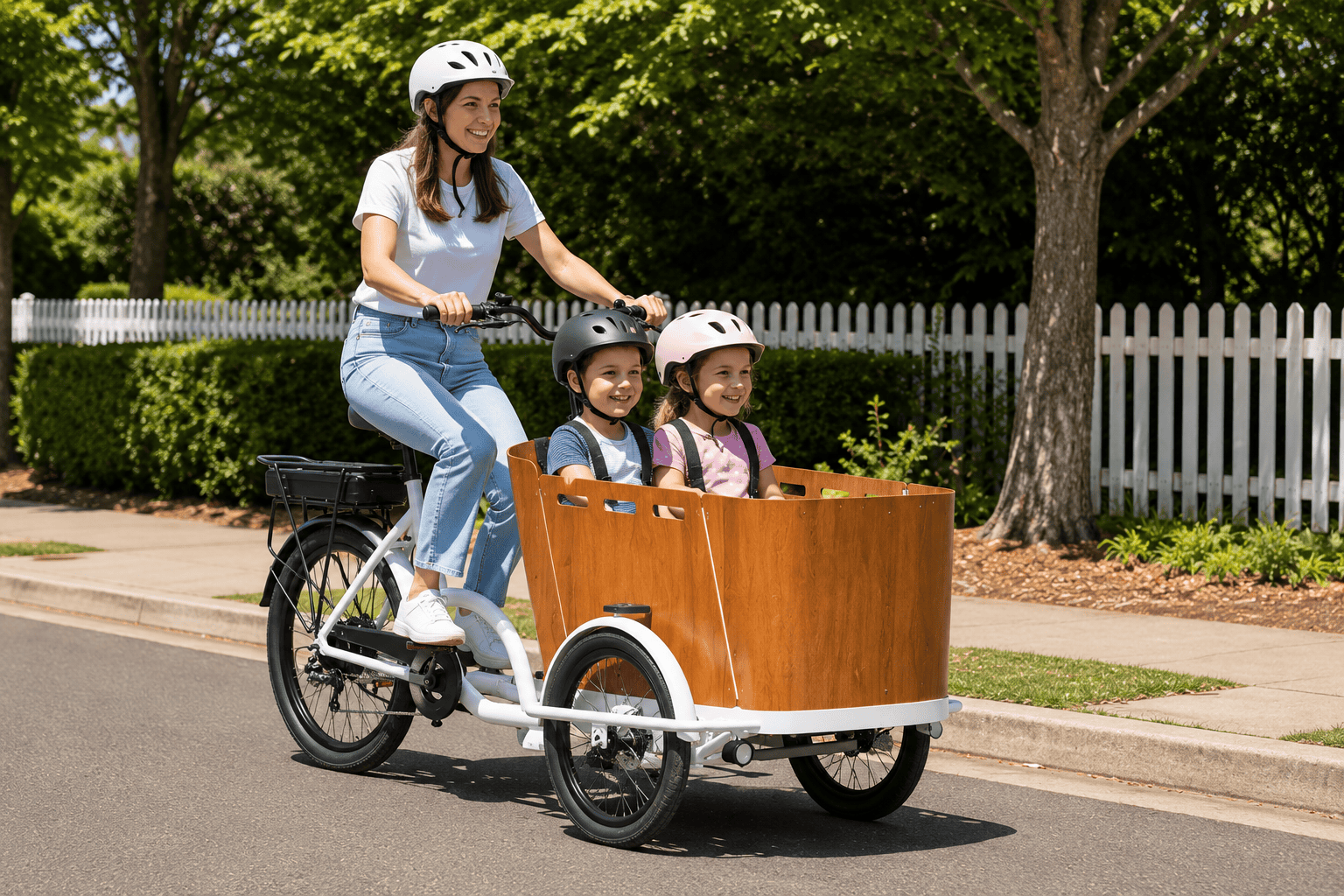 A woman riding a tricycle with two children in a wooden cargo box, enjoying a sunny day outdoors.