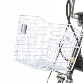 A white wire basket attached to the front of a tricycle, ideal for carrying items for seniors or individuals with mobility needs.