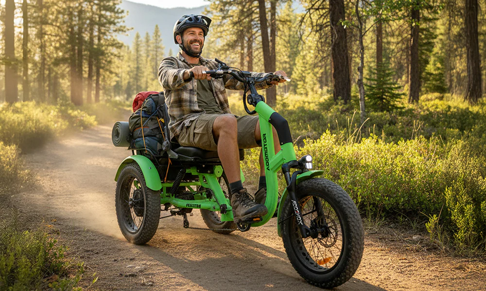 Green Electric Tricycle on Dirt Path in Forest A man rides a green electric tricycle on a dirt path through a forest. The tricycle features a large rear wheel and smaller front wheel.
