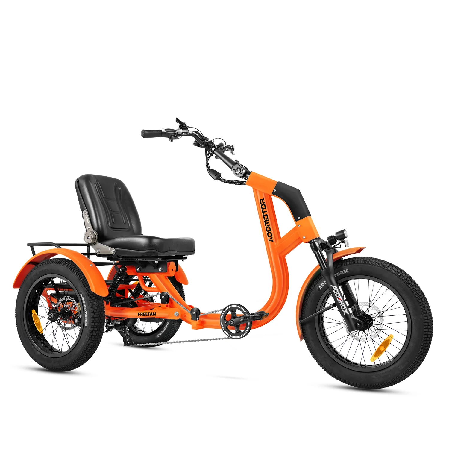 An orange electric adult tricycle with a black seat and large wheels, perfect for seniors and disability mobility. Ideal for Australian riding environments.
