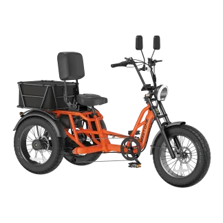 Adult electric tricycle with orange frame, black seat and cargo box, ideal for seniors and disability mobility.
