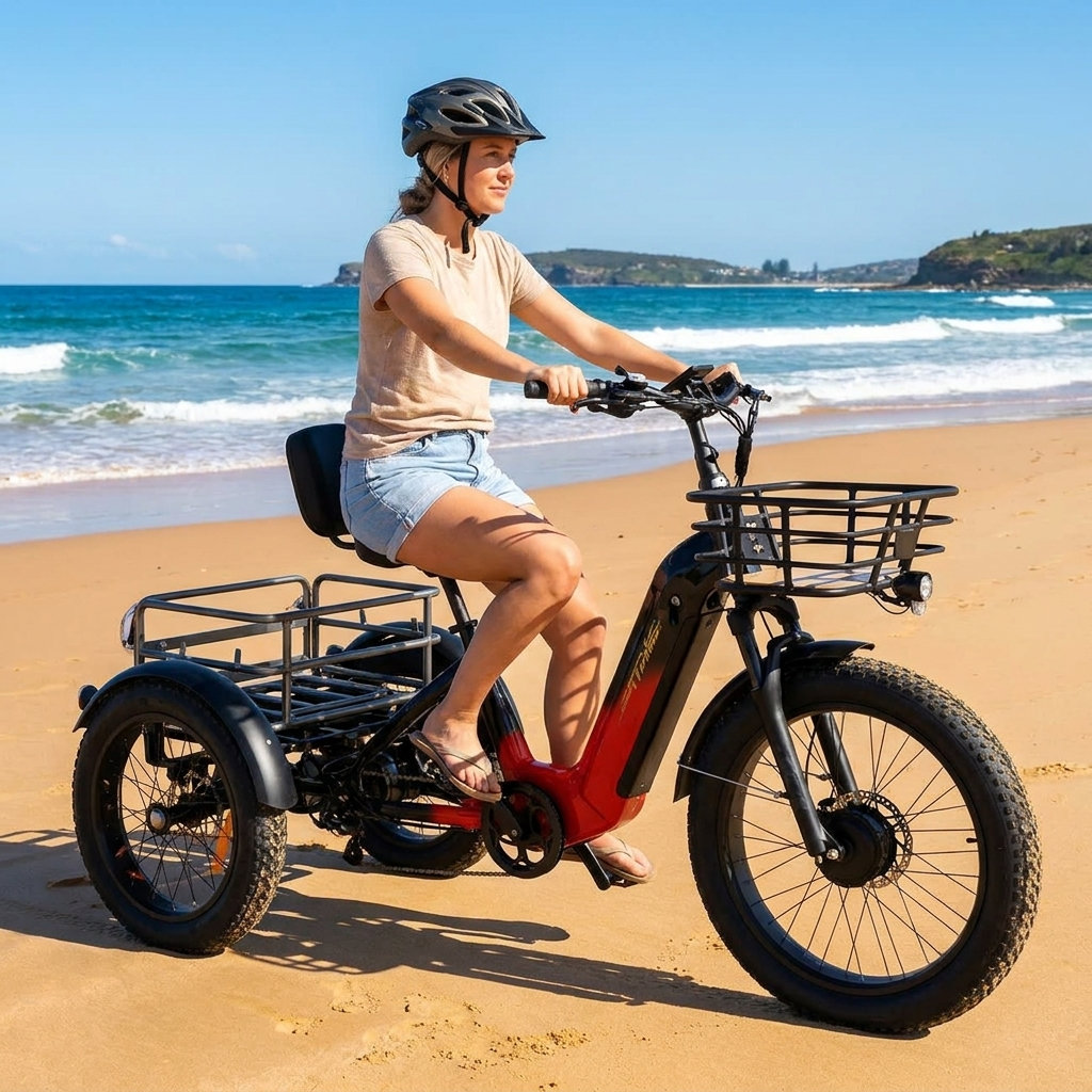 Red Electric Tricycle on Sandy Beach Australia Senior woman riding red electric adult tricycle on beach. Electric trike for seniors and mobility.