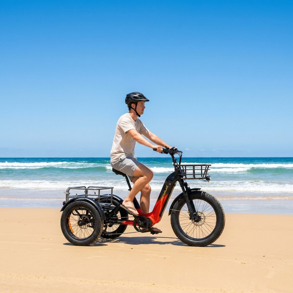 Man riding a red electric adult tricycle on a sandy beach. The tricycle features a large rear rack and front basket.