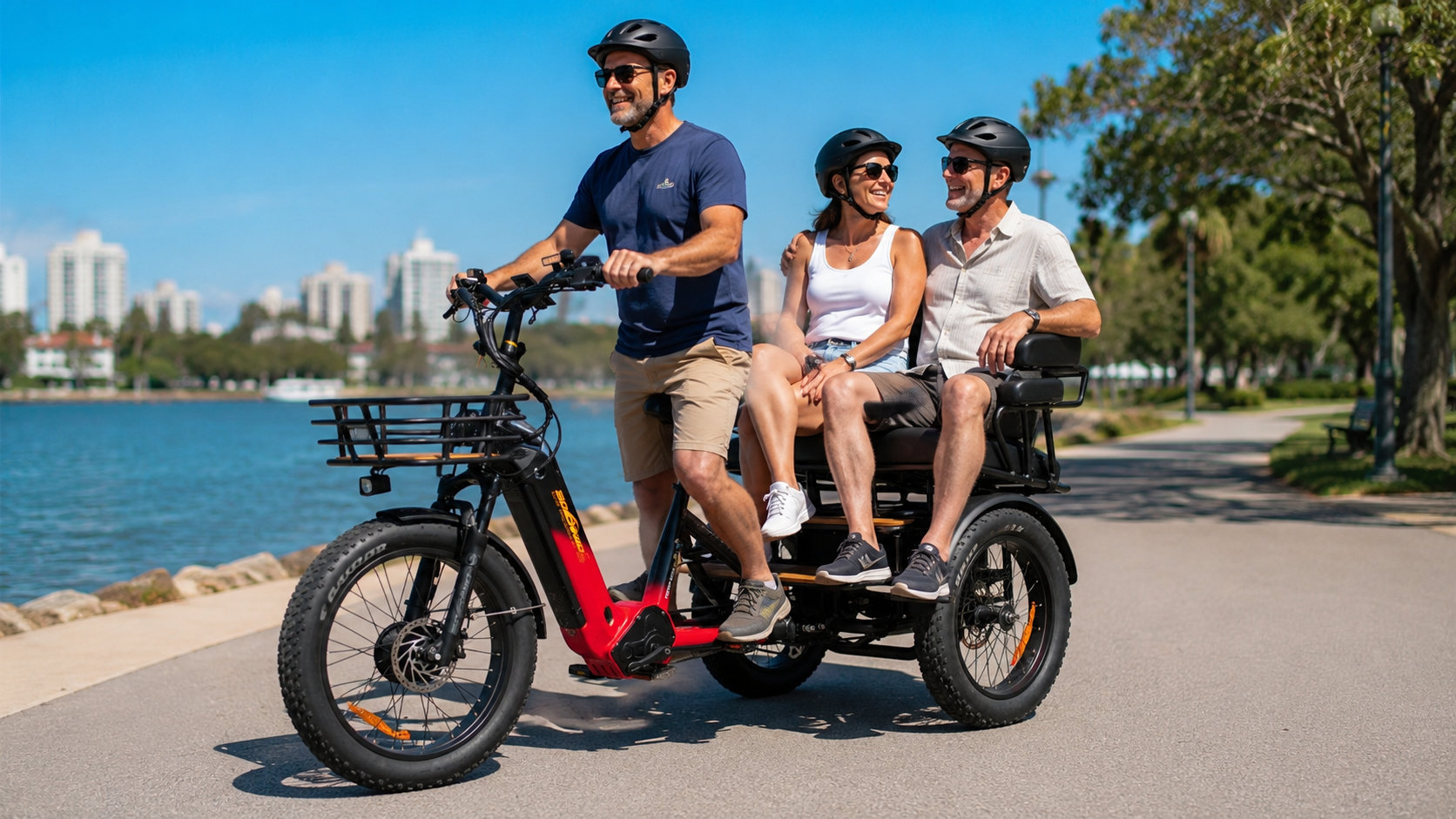 Three people riding an electric adult tricycle on a path. The tricycle is suitable for seniors and those with mobility issues.
