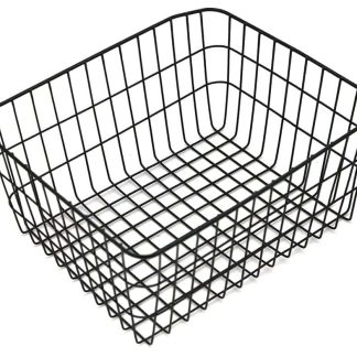 A black wire basket for storing items on an adult tricycle, suitable for cargo trikes.