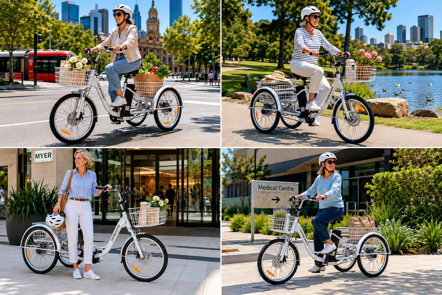 Three adults riding white electric tricycles in various Sydney locations. The tricycles feature a sturdy design with large wheels.