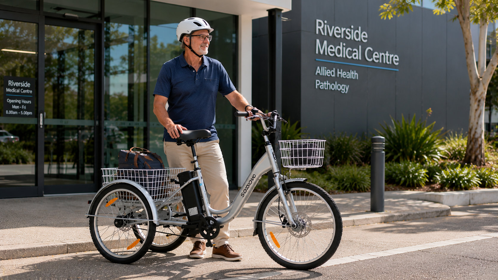 Man with prosthetic leg riding electric tricycle outside medical centre. Adult trike for seniors with mobility needs.