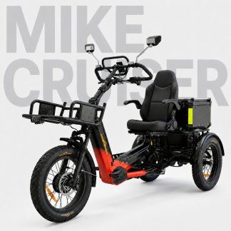 Mike Cruiser electric adult trike featuring fat 14-inch tires, a large front cargo basket, and a battery pack on the rear rack. Ideal for seniors, cargo transport, and accessible mobility on Australian roads.