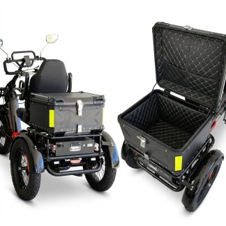 An electric tricycle with a large storage box, ideal for seniors and those with mobility issues. The box is removable and spacious.