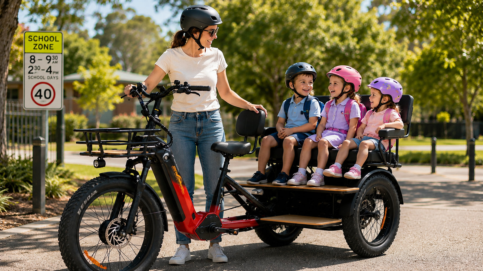 Family Riding Electric Cargo Tricycle in Australia A woman wearing a helmet stands beside a black and red electric cargo tricycle with three children sitting in the rear seat. The tricycle is suitable for family rides and cargo transport.