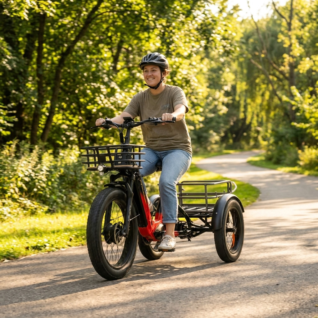 Senior woman riding electric adult tricycle on a bike path. Red and black trike with basket and large wheels.