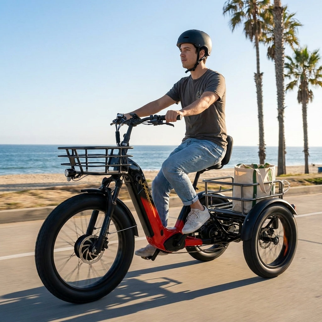 Man riding red electric adult tricycle on road near beach. The tricycle has large black wheels and a rear cargo basket.