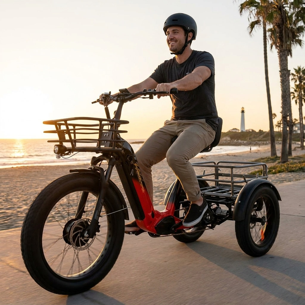 Man on red electric adult tricycle, riding on a path near the beach. The tricycle features a sturdy frame and comfortable seating.