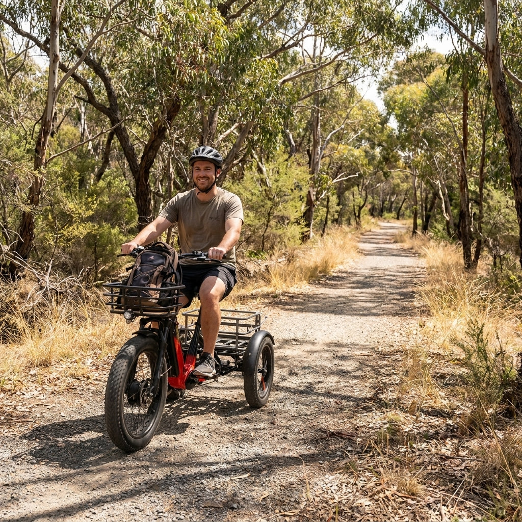 Man riding a red electric adult tricycle on a dirt path in a wooded area. The tricycle features a large basket.