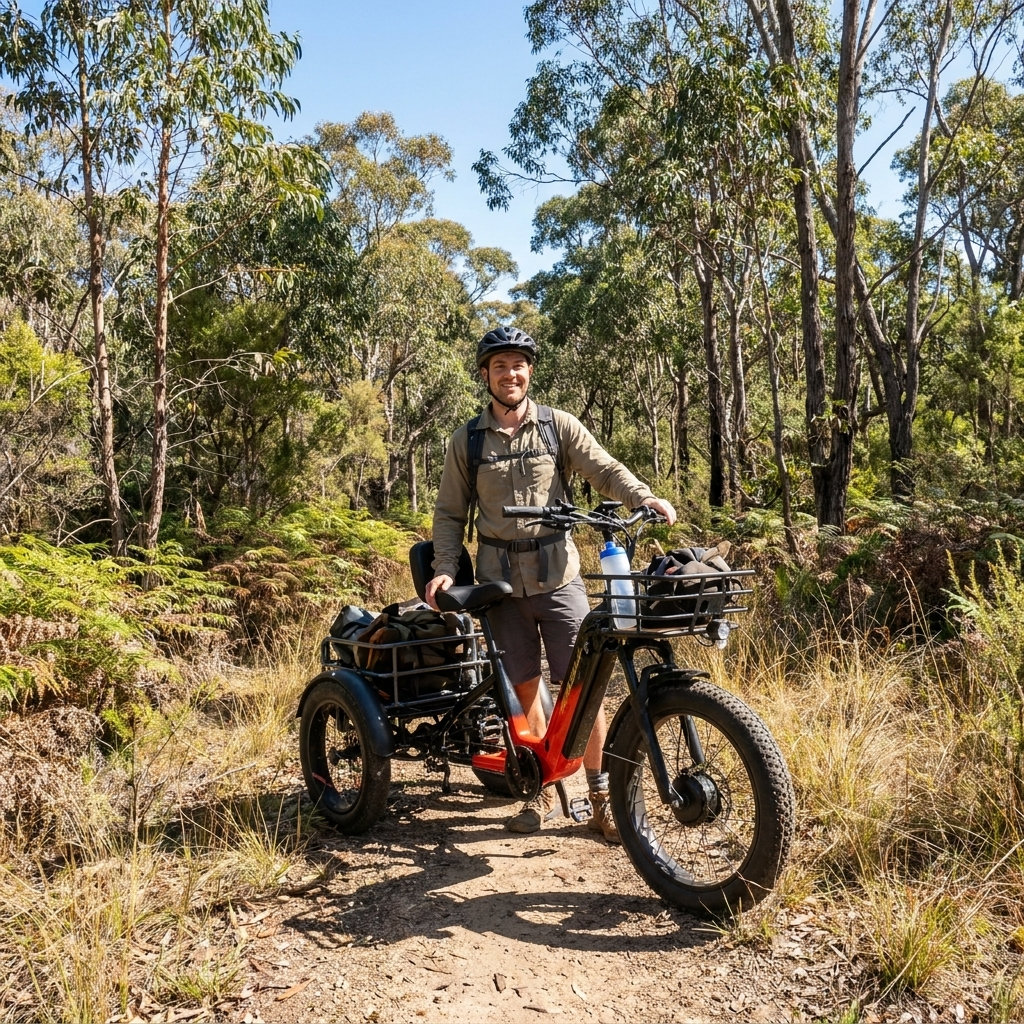 Adult Electric Tricycle on Australian Dirt Track Man on electric tricycle with cargo basket on dirt path in Australian bush. The tricycle has large 26-inch wheels.