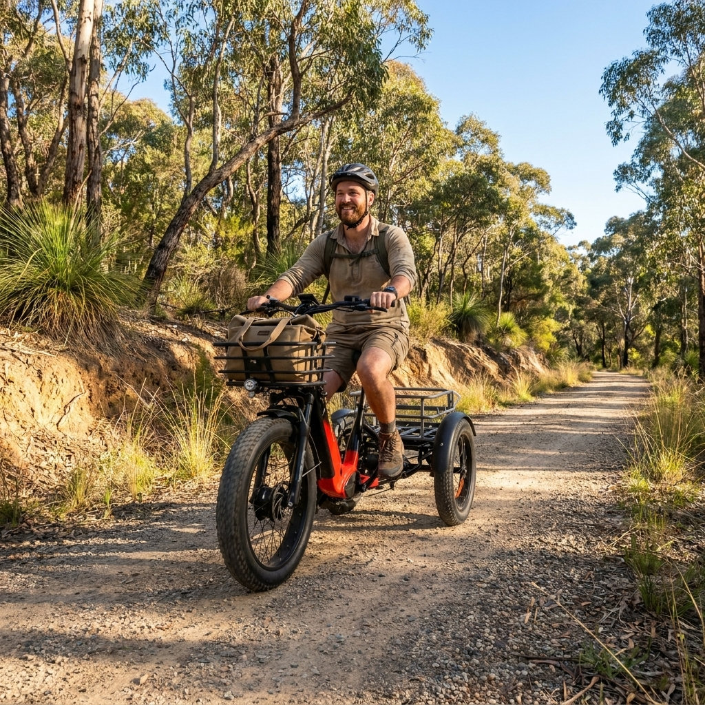 Man riding electric tricycle with large basket on dirt path. Adult tricycle for seniors and mobility
