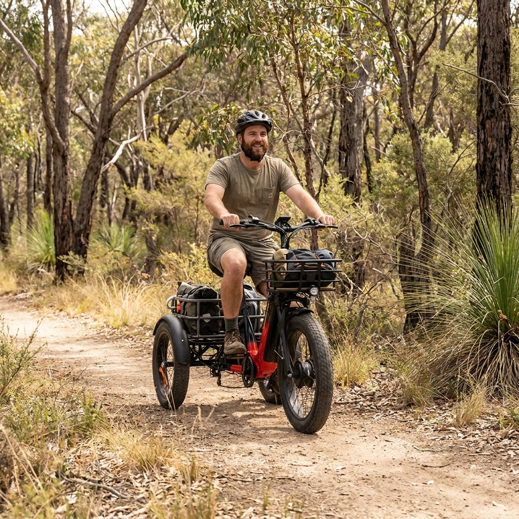 Man riding electric adult tricycle on dirt trail, surrounded by trees and foliage. Perfect for seniors and disability mobility in Australia.