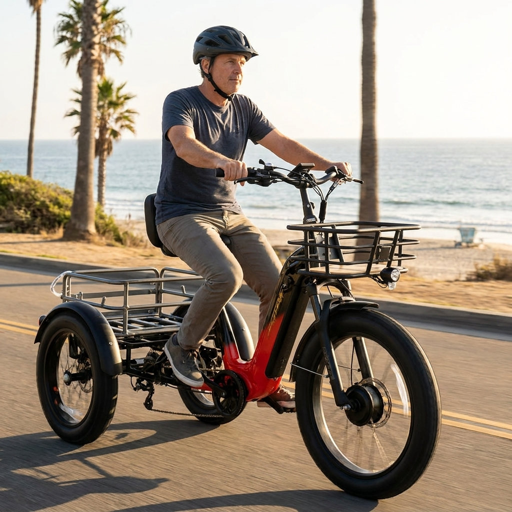 Man riding a red electric adult tricycle on a beachside road. The tricycle features a large rear rack and basket.