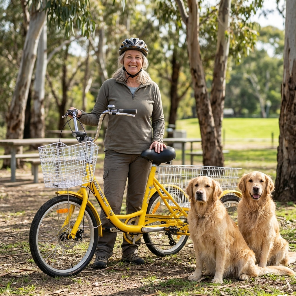 A woman stands beside a yellow adult tricycle with two golden retrievers. The tricycle features a large basket.