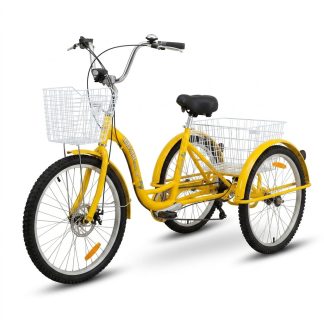 A yellow adult tricycle with white baskets, perfect for seniors and disability mobility. Electric tricycle options available.