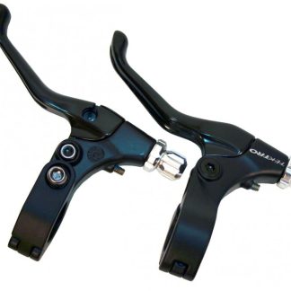A pair of black hydraulic brake levers, suitable for adult tricycles. They feature a sleek design with silver accents.