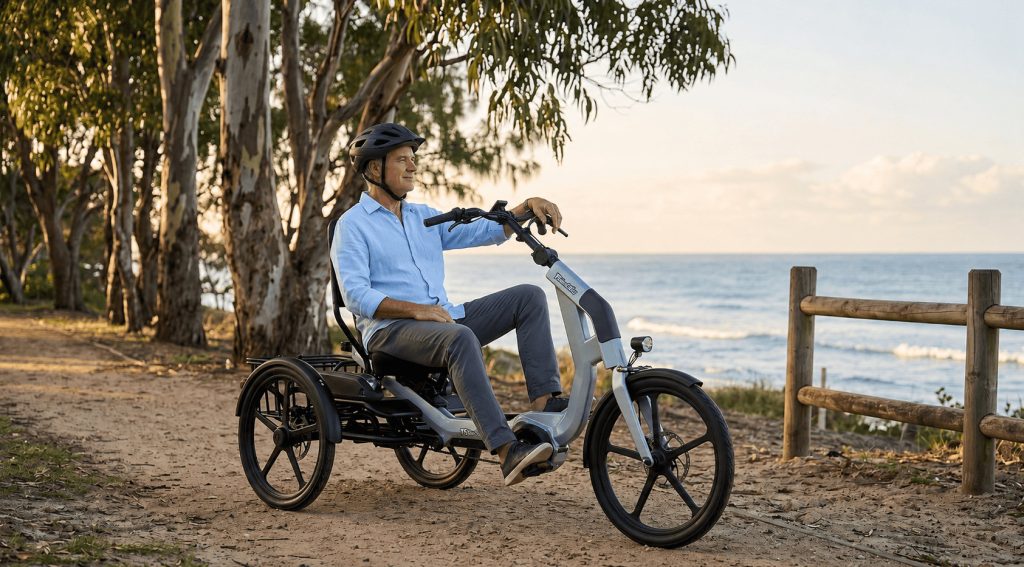 A man riding a silver adult tricycle on a dirt path beside the beach. The tricycle features three wheels for stability.