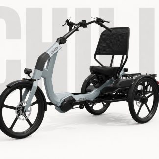 A sleek grey adult electric trike showcasing its handlebars and ergonomic seating, designed for comfortable and stable rides.