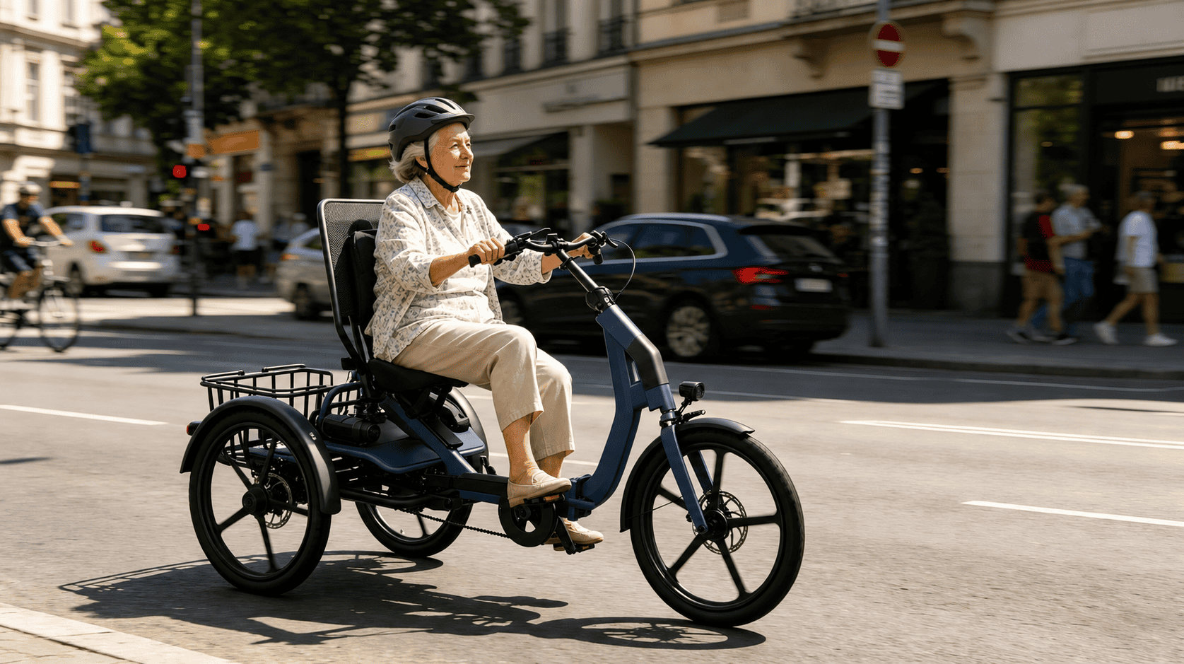 A senior riding an adult tricycle on a city street, demonstrating mobility and freedom.