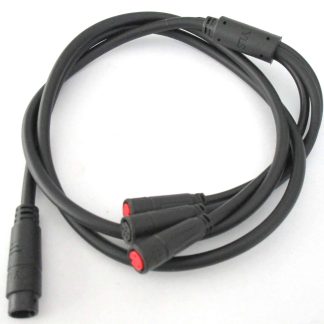 A black electric tricycle battery charger cable with red connectors. Suitable for adult tricycles and electric trike accessories.