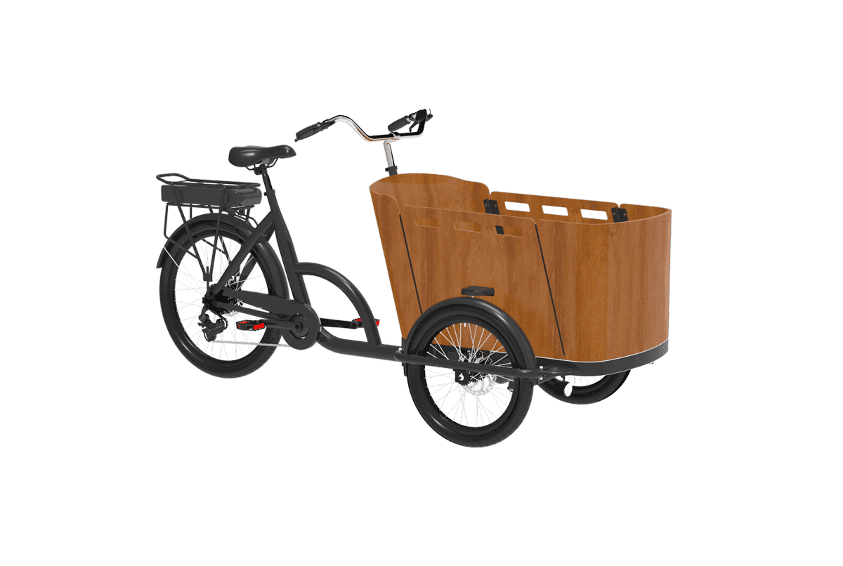 Adult tricycle with large wooden cargo box, ideal for disability mobility and cargo transport.