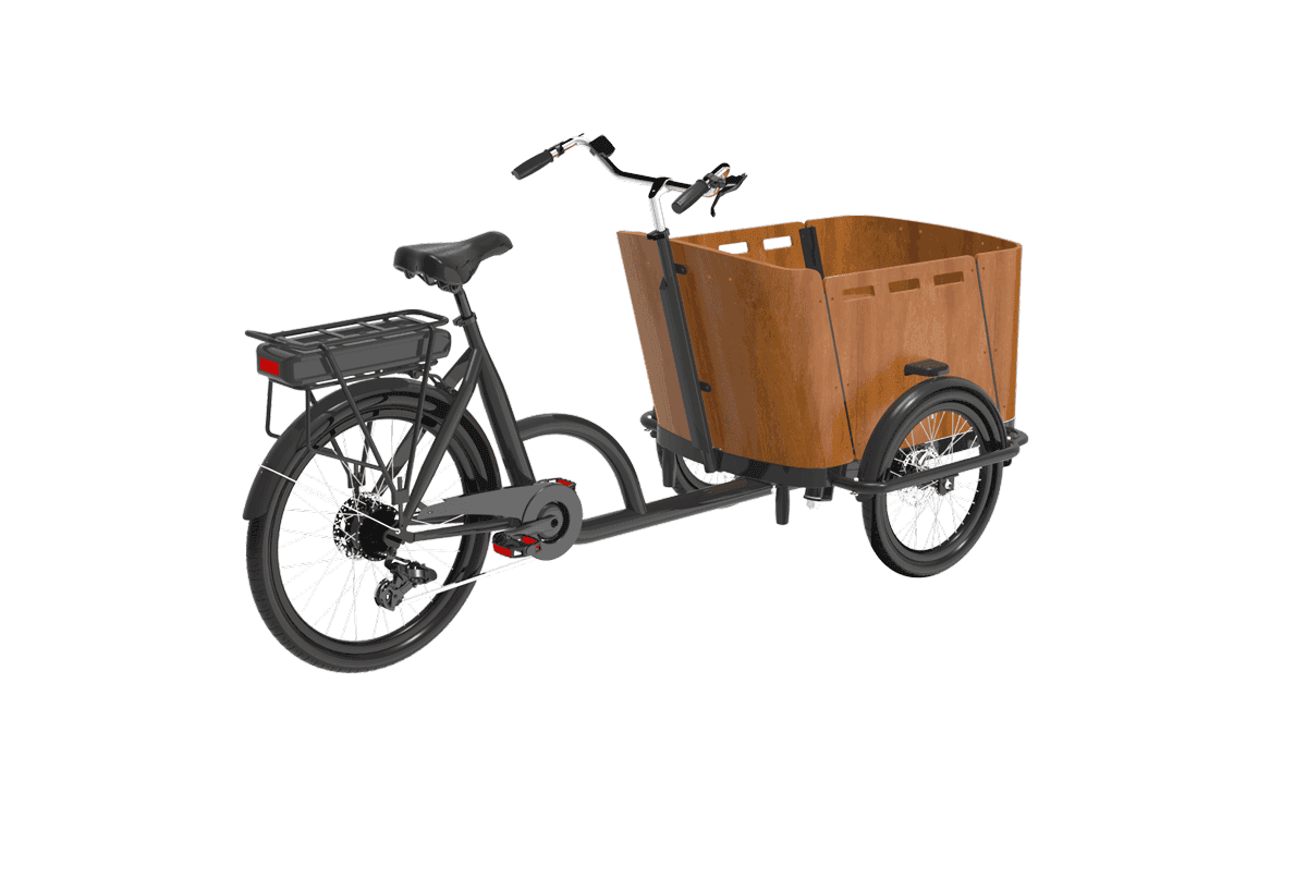 Adult electric cargo tricycle with wooden box, perfect for disability mobility and senior use. Black frame and wooden cargo box.