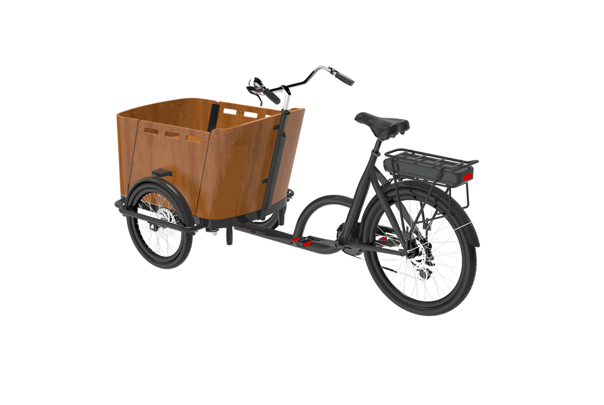 A black electric tricycle with a large brown wooden cargo box, ideal for adults and seniors with mobility needs.