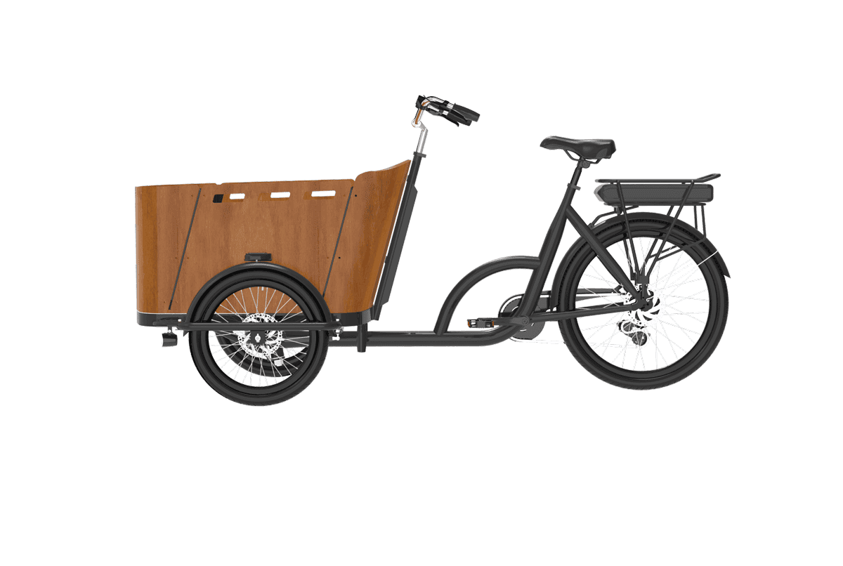 A brown cargo tricycle with a sturdy black frame, perfect for carrying heavy loads.