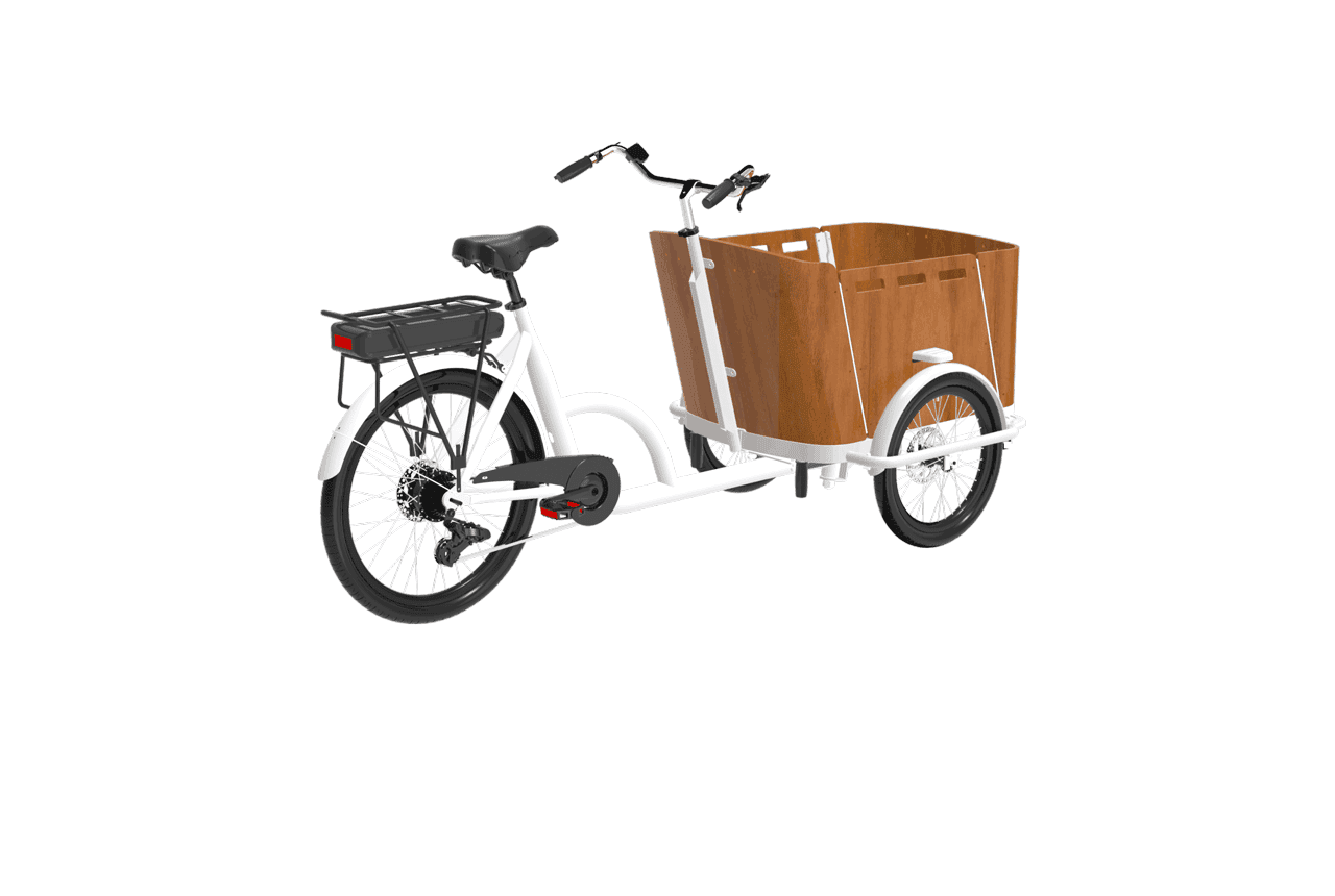 Electric cargo tricycle in white with a large brown box, ideal for adult use and disability mobility.
